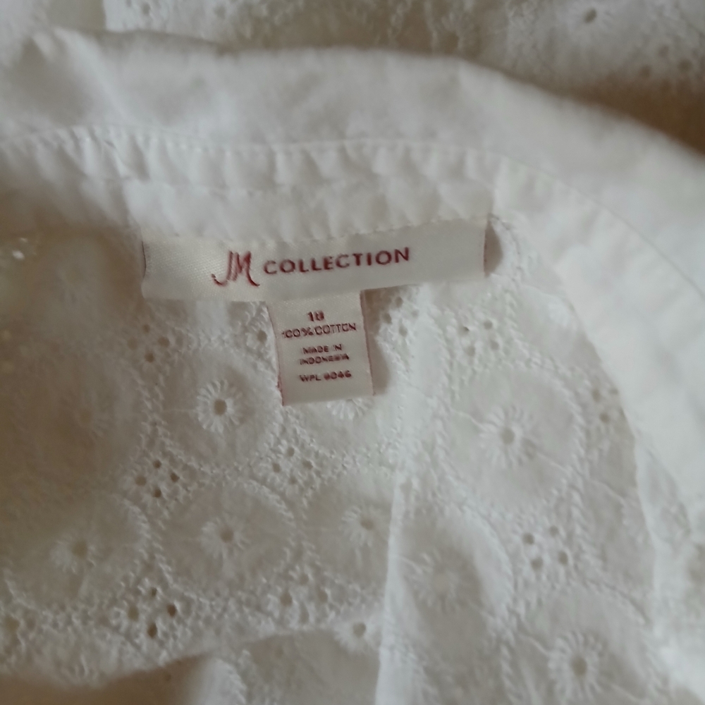 JM Collection White Eyelet 3/4 Sleeve Button Down Cotton Shirt Size 18 - Picture 7 of 8